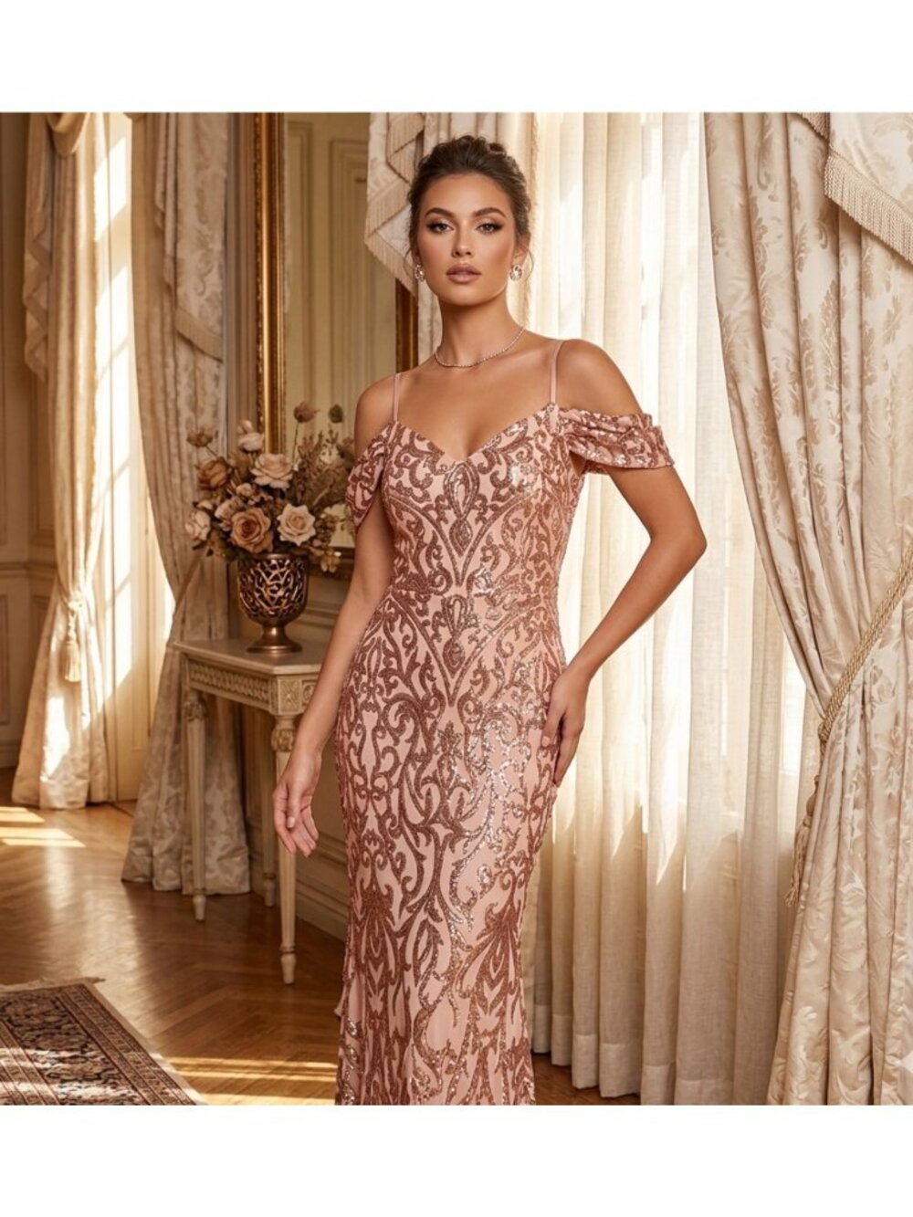 XL Sequined Rose Gold Formal Gown With Off-Shoulder Sleeves formal party dress